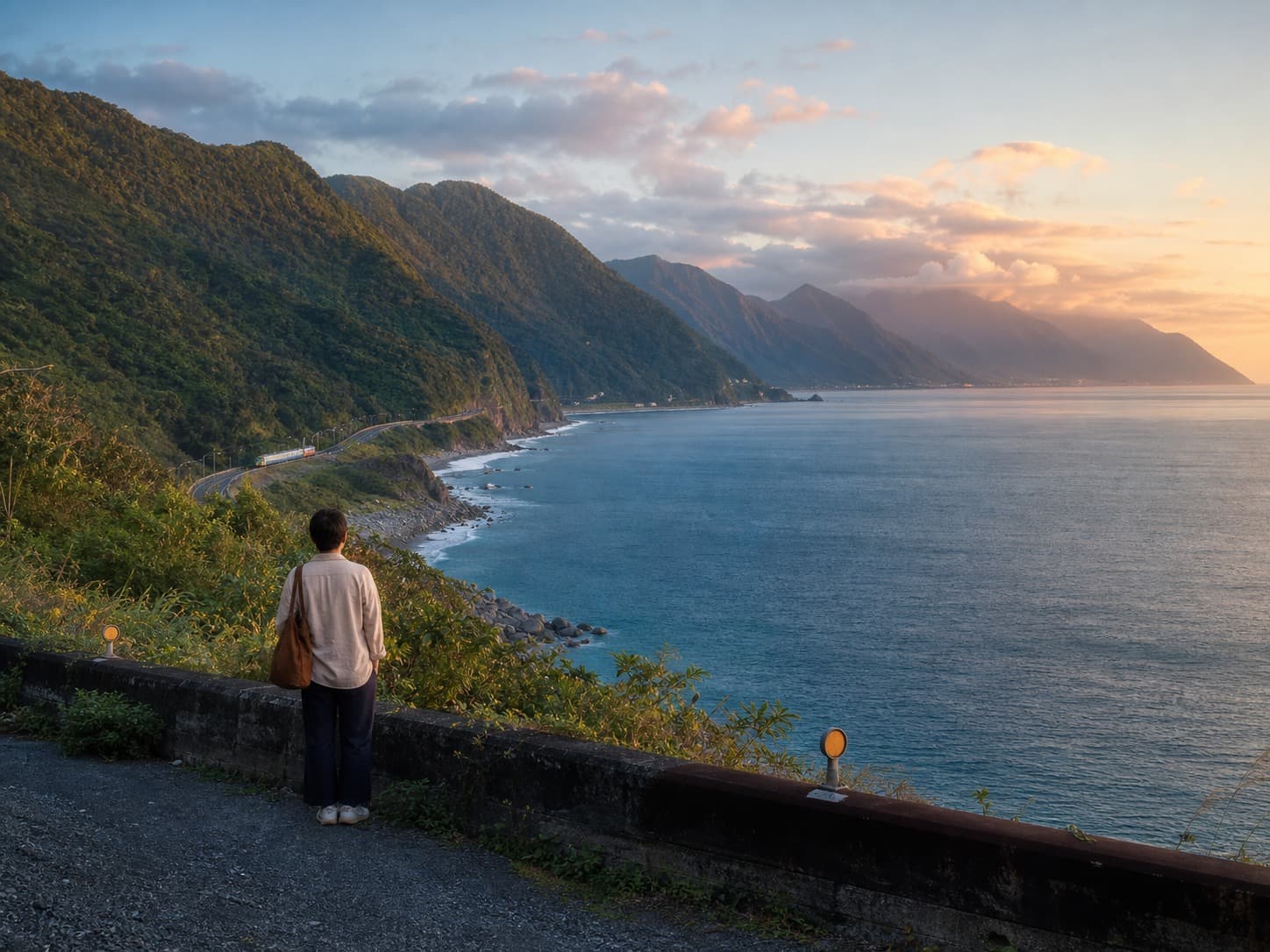 晨光下的東海岸山海與鐵路情境圖